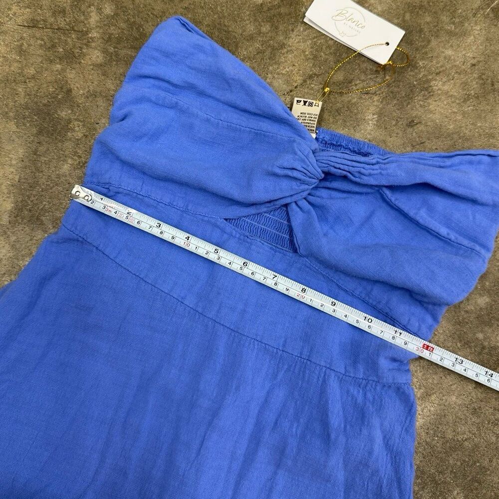 Blanco Royal blue 100% cotton linen strapless dress - Picture 7 of 8